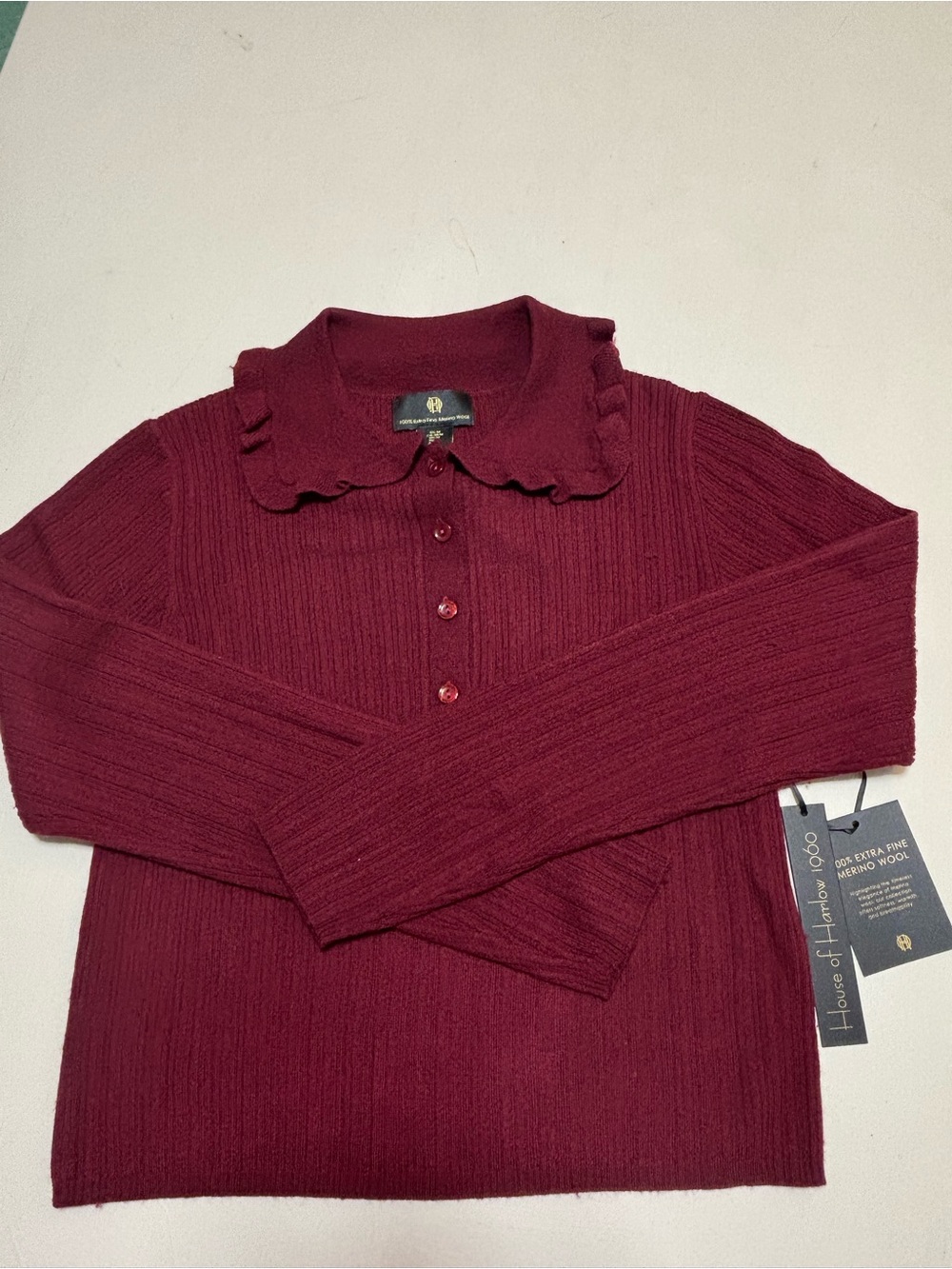 NWT House of Harlow 1960 Ribbed Ruffle Collar Long Sleeve Wine 100% Merino Wool